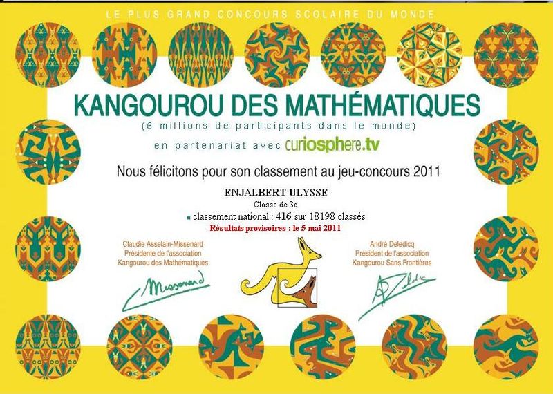 Diplôme Kangourou des Maths 2011 d'Ulysse Enjalbert