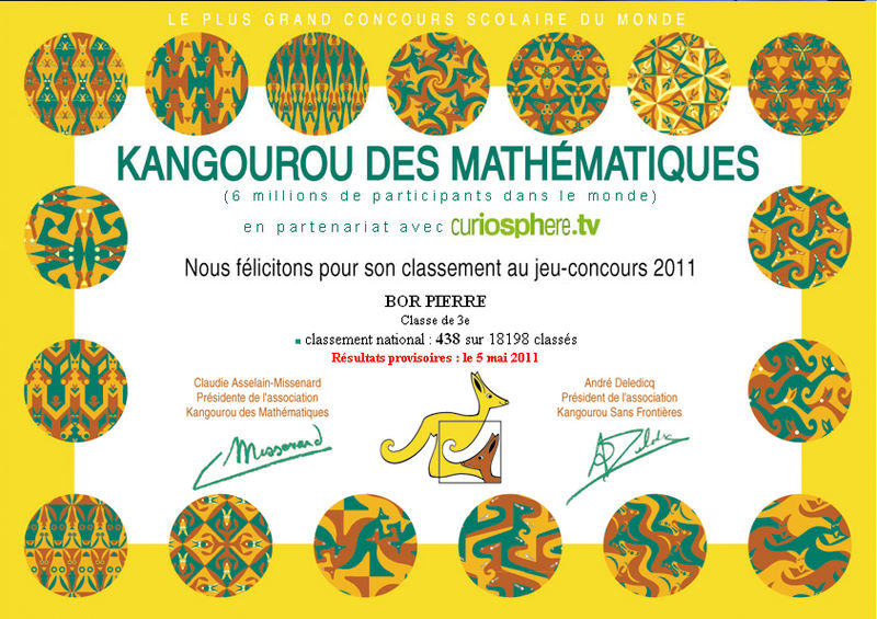 Diplôme Kangourou des Maths 2011 de Pierre BOR