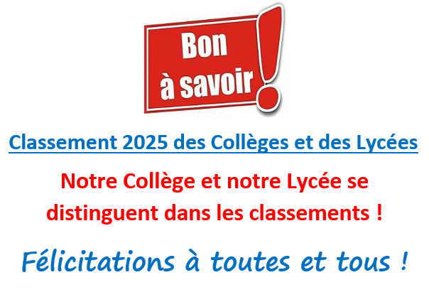 Classement 2025 des Collèges et des Lycées : notre Collège et notre Lycée se distinguent dans les classements !